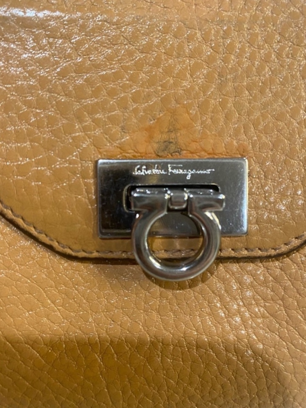 Salvatore Ferragamo Tan Pebbled Leather Gancini Clasp Bifold Wallet - Picture 2 of 10